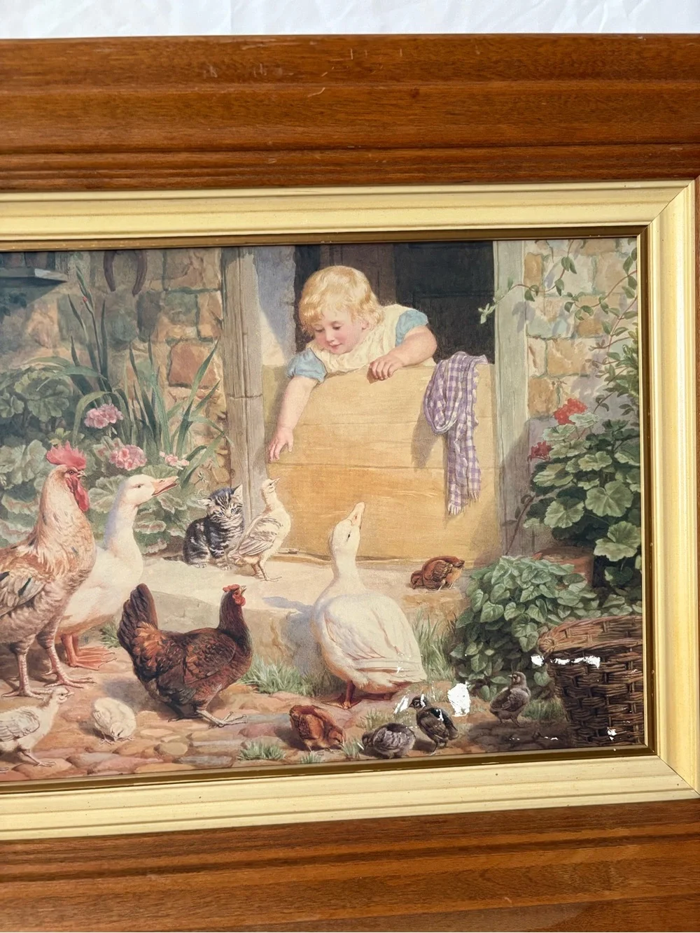 Vintage chickens animals art painting print in wood frame home decor wall